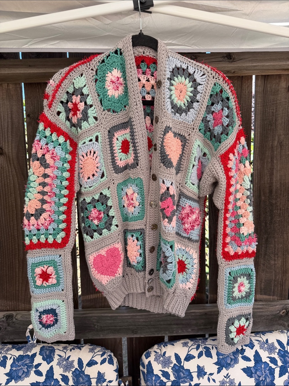 Beautiful Crochet Patchwork Cardigan Sweater with Pink Hearts & Flowers